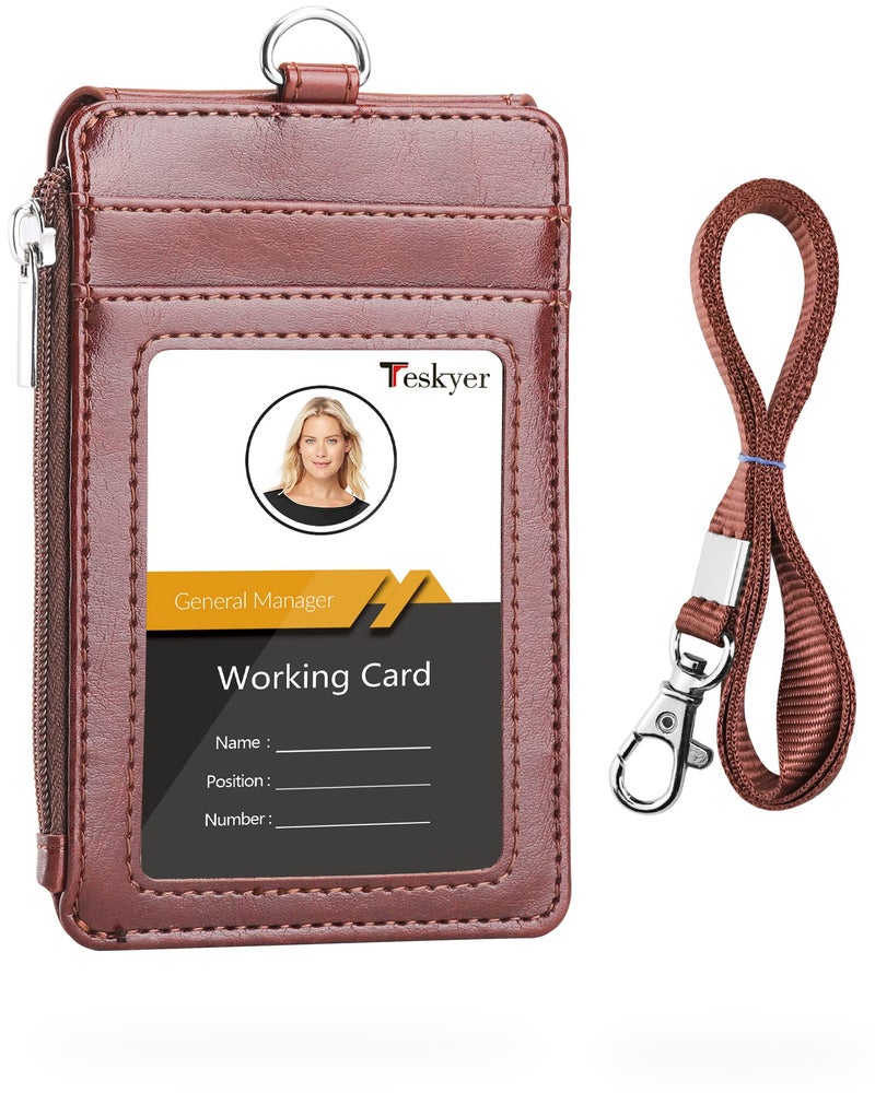 Teskyer Badge Holder with Side Zip Pocket, Multiple Card Slots Leather ID Holder Wallet with Neck Lanyard for Office Staffs, Teachers/Students, Couriers, Workers, Brown - Image 1